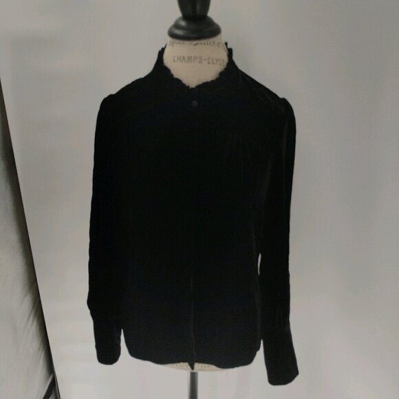 go silk velvet long sleeve black black button down ruffle collar washable silk - Picture 6 of 14